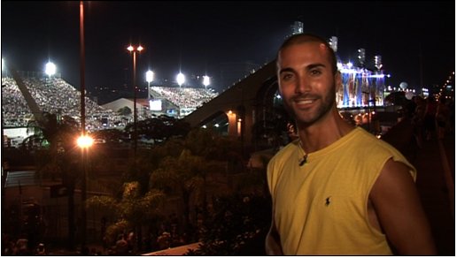 Reporter Tayfun King, Rio de Janeiro Carnival, Brazil, BBC World News television travel show 