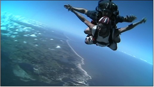 Reporter Tayfun King, Skydiving, Punta del Este, Uruguay, BBC World News television travel show 