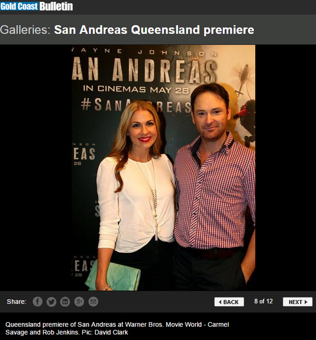 Carmel Savage & Rob Jenkins at the red carpet premiere of San Andreas at Warner Bros. Movie World.