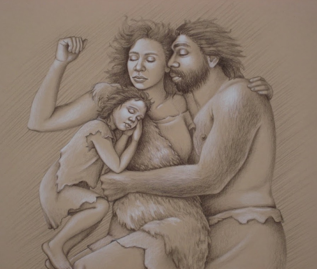 conte/charcoal neanderthal family portrait for 