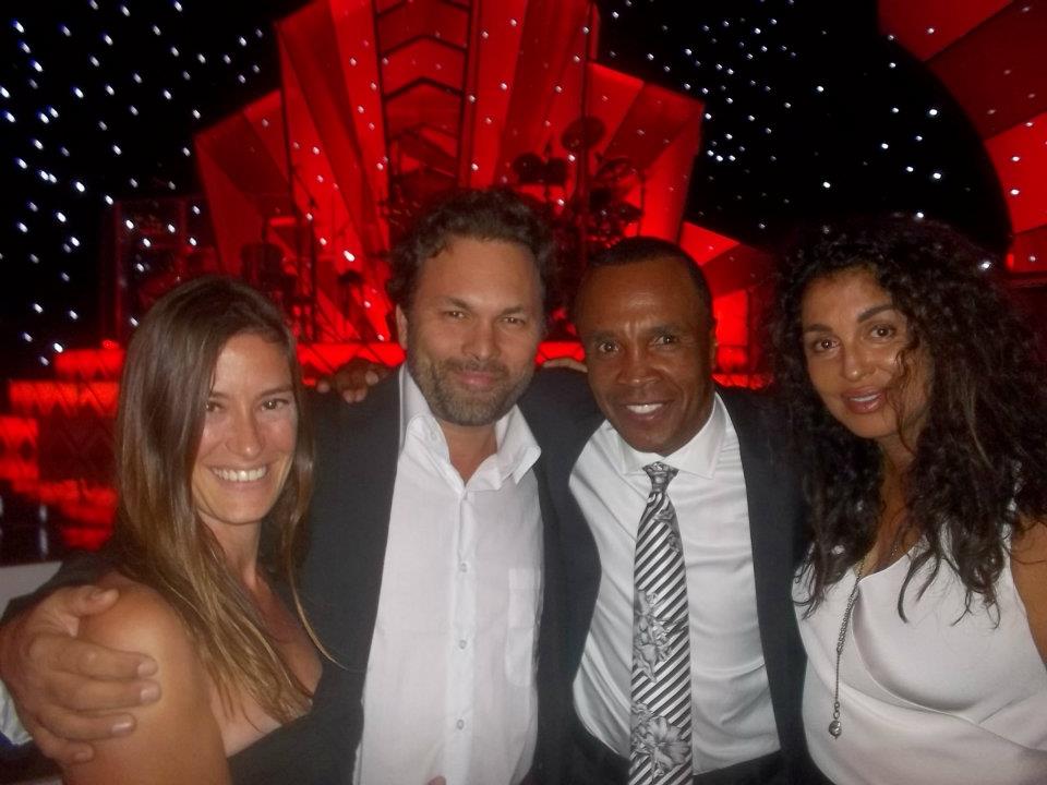 J.F. Gagnon, Creator of the Lovaganza Convoy motion picture trilogy, accompanied by his wife Genevieve, with boxing legend Sugar Ray Leonard and wife Bernadette at President Clinton's private 65th birthday Gala, West Hollywood.