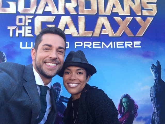 Actress Parris Franz Fluellen and actor Zachary Levi on the red carpet for 'Guardians of The Galaxy' movie premiere in Hollywood, at the Dolby Theatre
