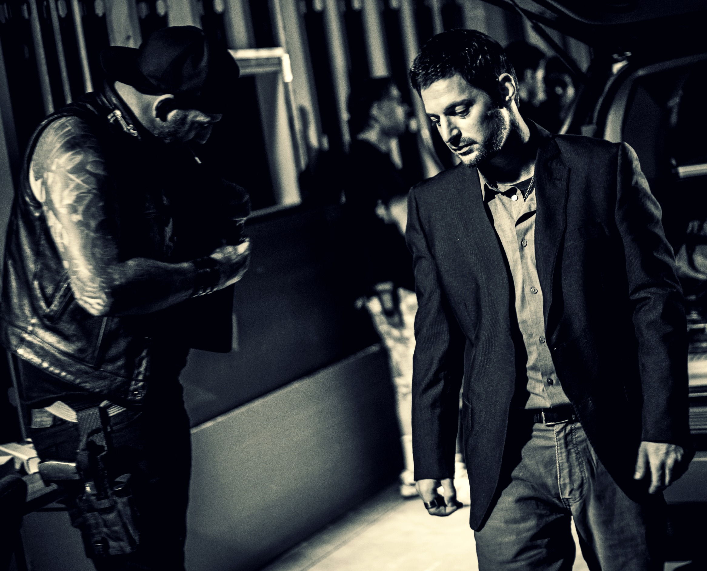 David Gere as 'Doc' in between takes with actor Nick Principe on the set of 