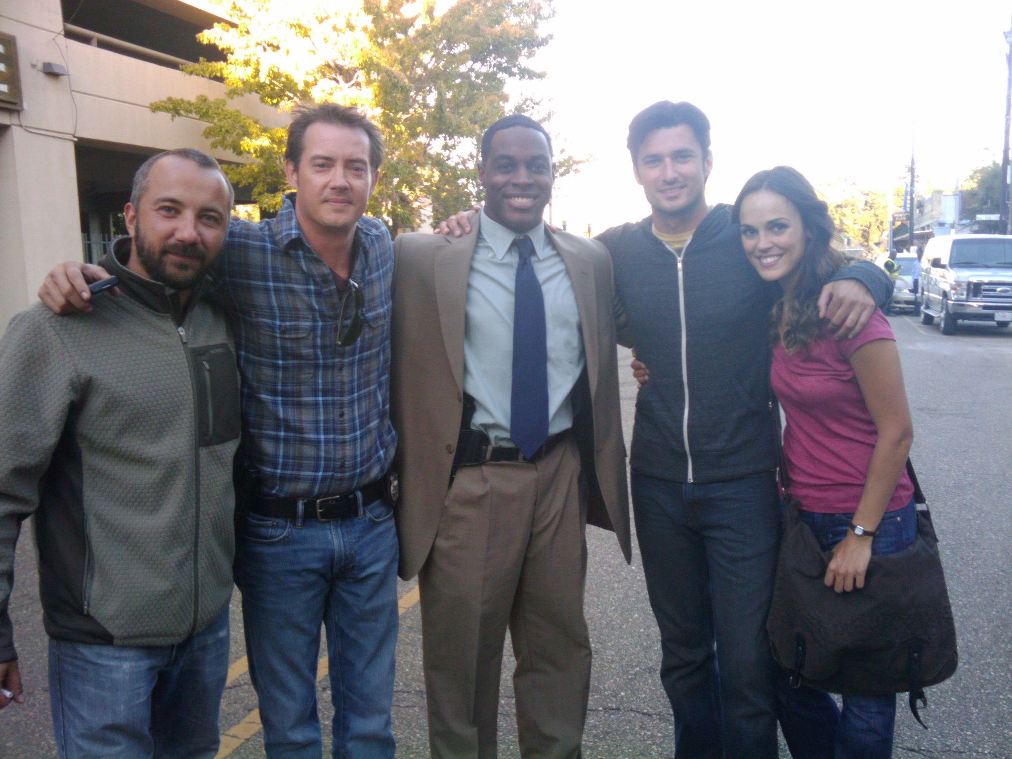 Nick Jones Jr., Todor Chapkanov, Jason London, Erin Cahill, and Wes Brown on the set of Storm War.