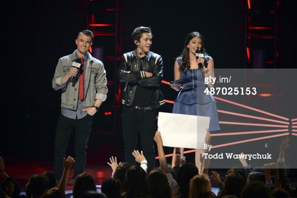 Madeline Whitby with Morgan Tompkins and Austin Mahone hosting The 2014 Radio Disney Music Awards