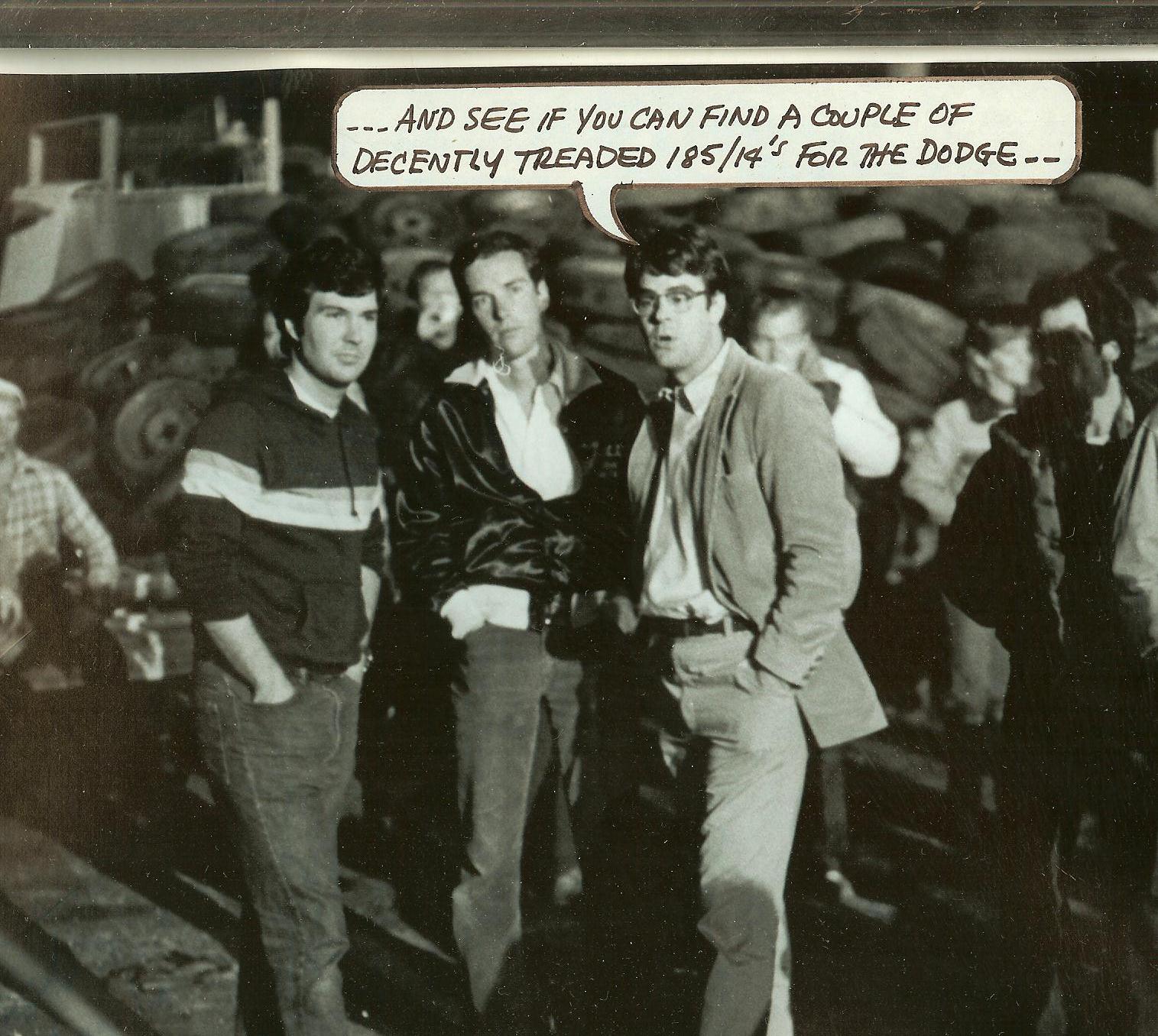 Cam Benty, C. Van Tune, Dan Aykroyd during filming of Doctor Detroit, 1983. Aykroyd wrote the word balloon on the photo.