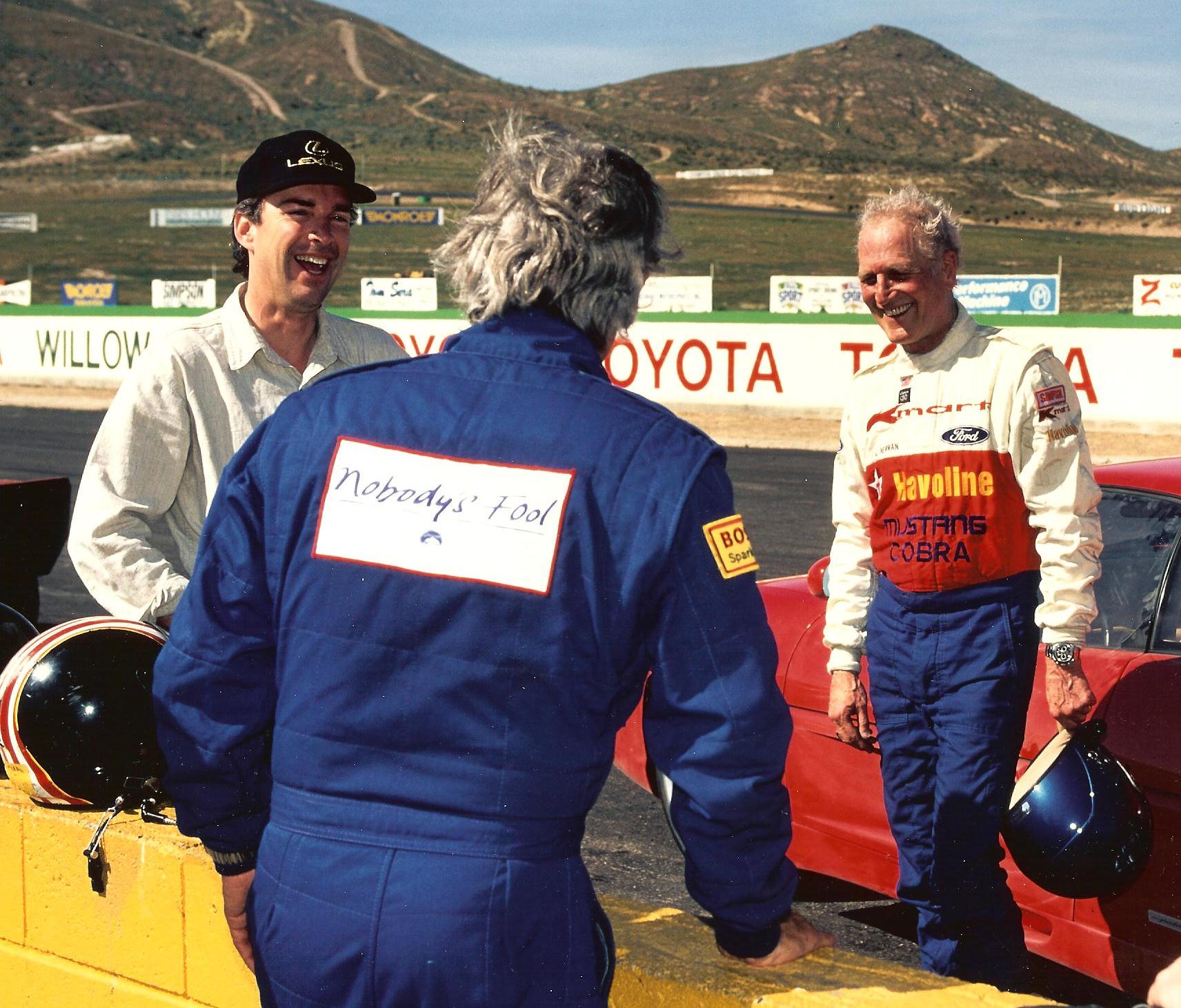 C. Van Tune, Michael Brockman (back to camera), Paul Newman, during filming of Ferrari test.