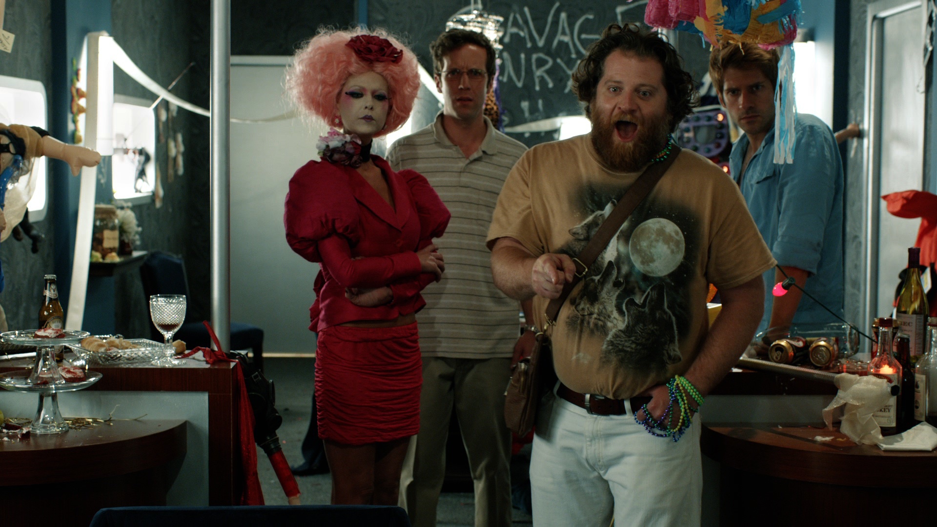 Still of Tara Reid, Herbert Russell, Ben Begley and Ross Nathan in The Hungover Games (2014)