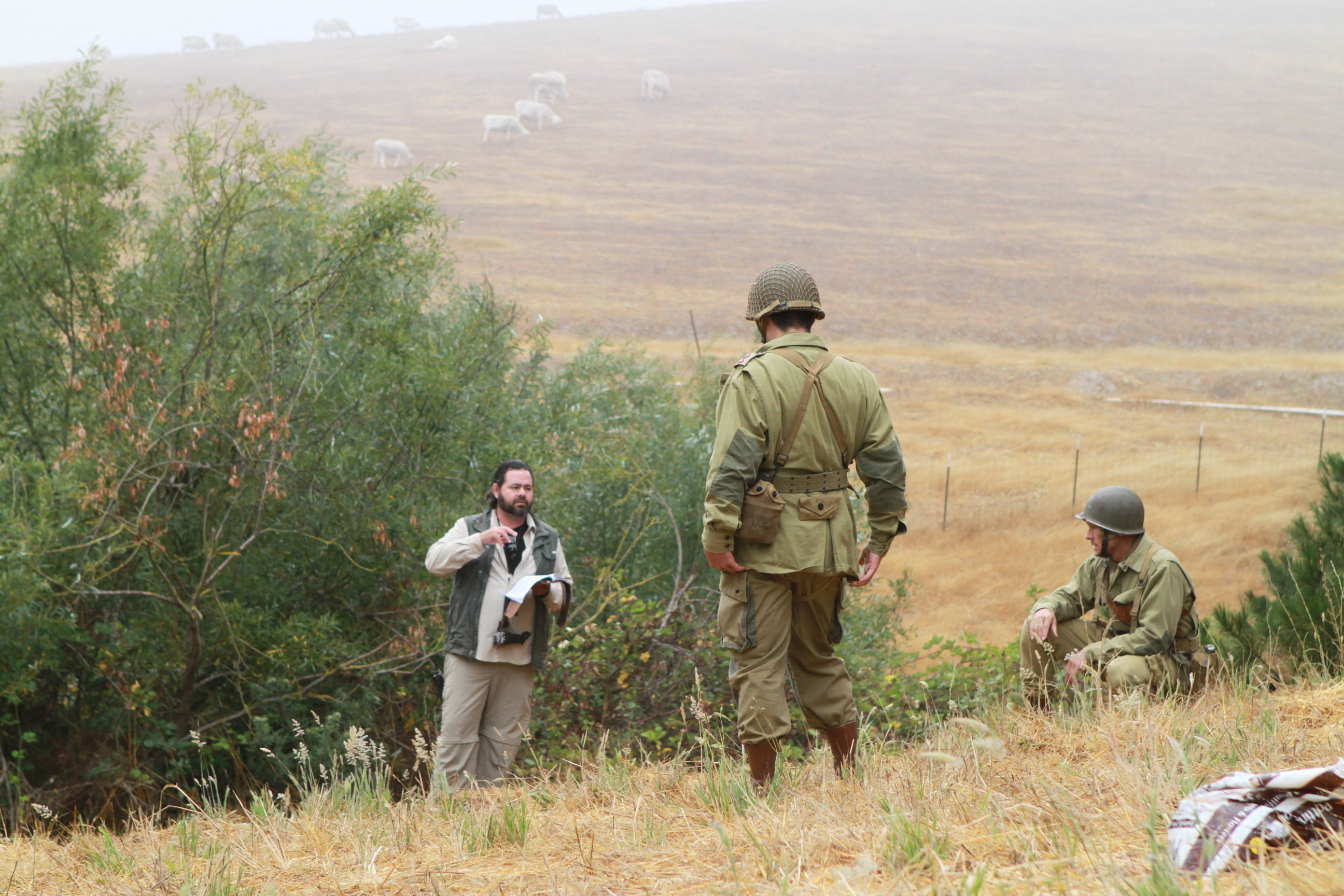 Director Matthew Gratzner on set with actors Ty Anaya and Tom Schanley