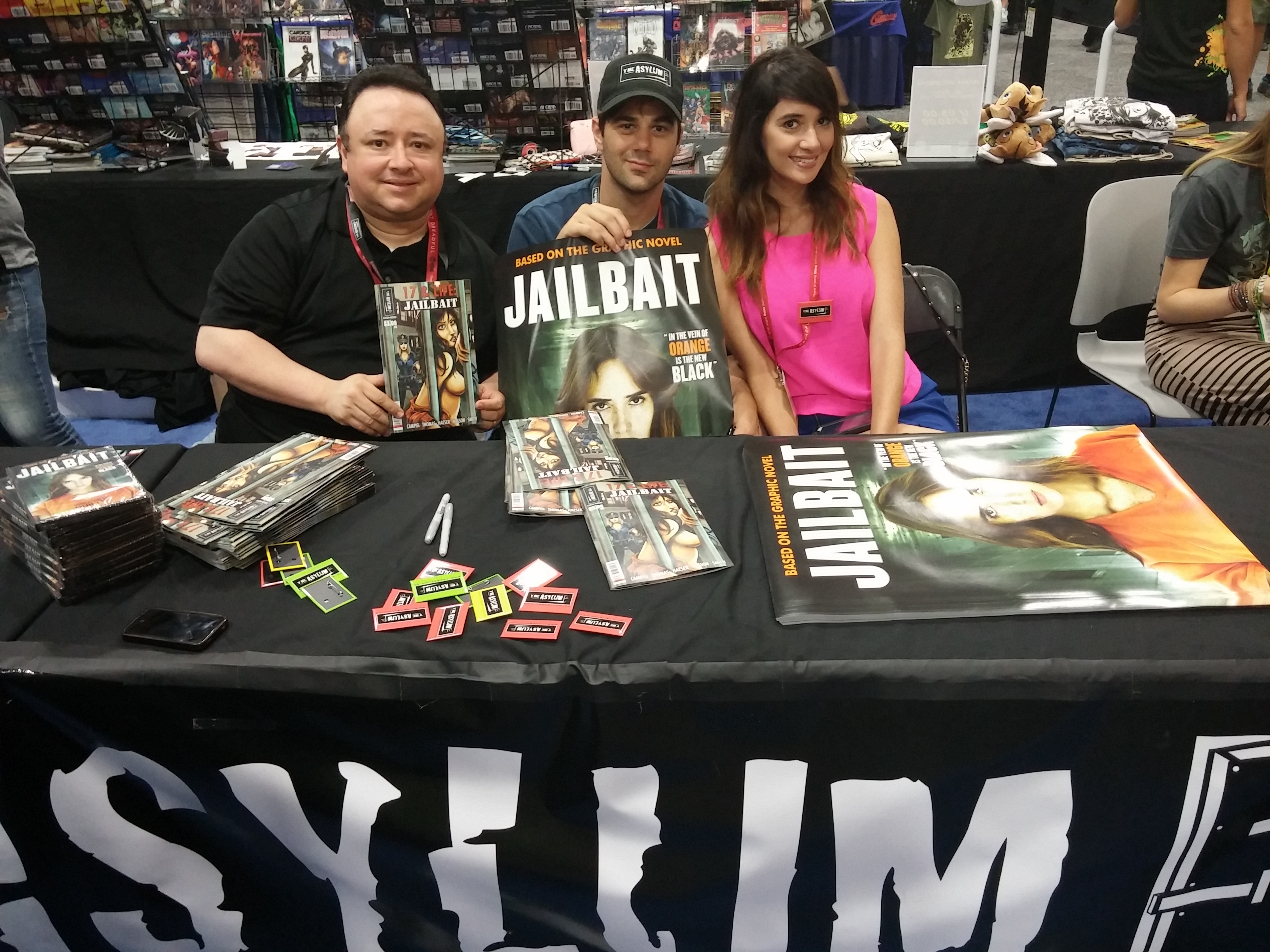 Gabriel Campisi, Jared Cohn and Sara Malakul Lane at San Diego Comic Con at the Asylum booth, signing for the Jailbait movie and comic book.