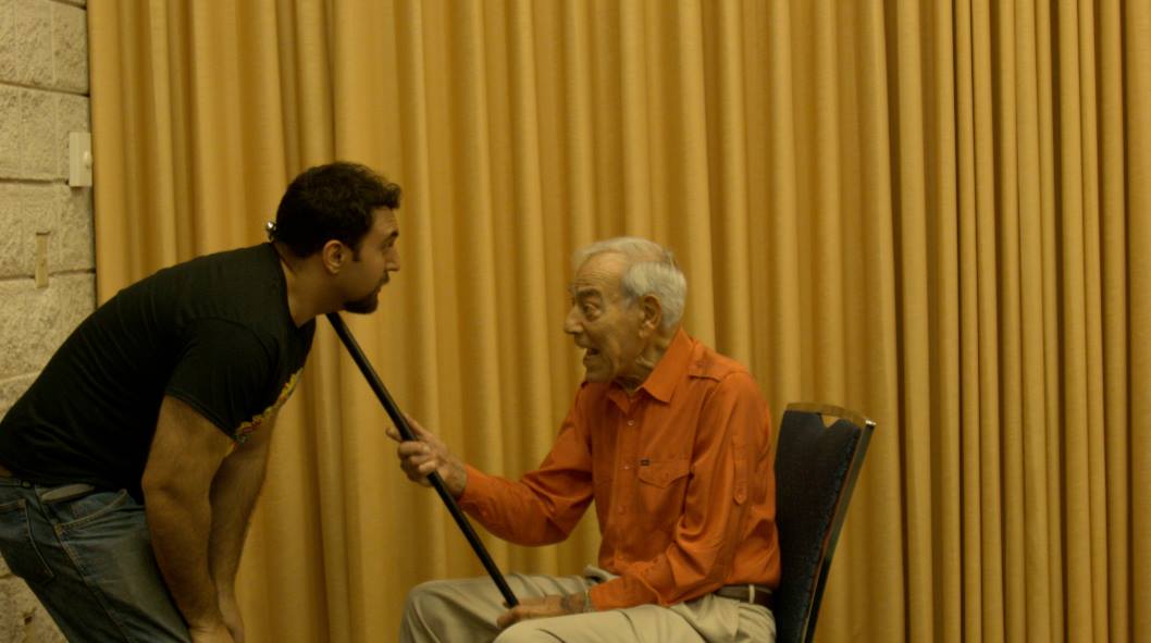 Herschell Gordon Lewis and James Balsamo on the set of Bite School.