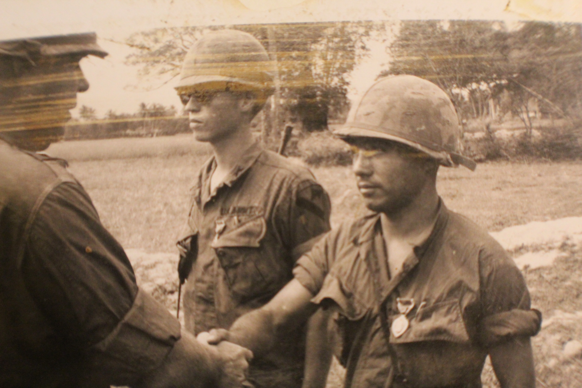 Sgt. Rigoberto Ordaz being awarded the Purple Heart Medal for wounds sustained during the Tet Offensive battles in 1968. Our Battalion commander pinned the medals to my Platoon Leader and myself. These battles and others are the subject of an upcoming b