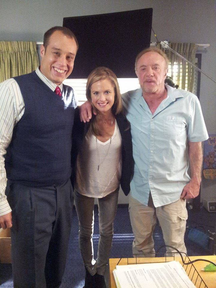 Brandon Morales, Maggie Lawson, James Caan on the set of Back in the Game