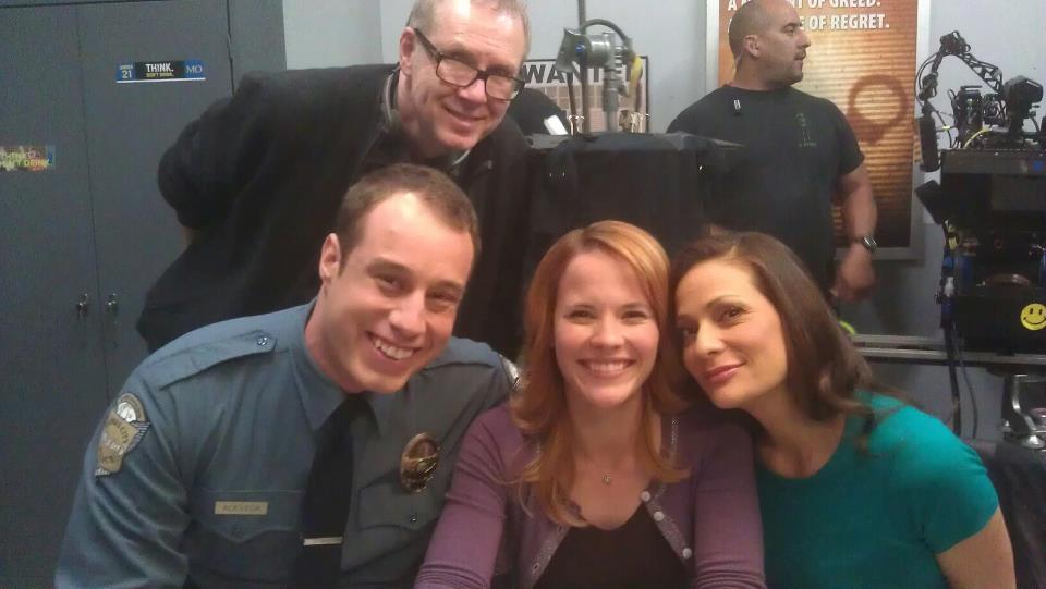 Brandon with Constance Marie and Katie Leclerc on the set of Switched at Birth