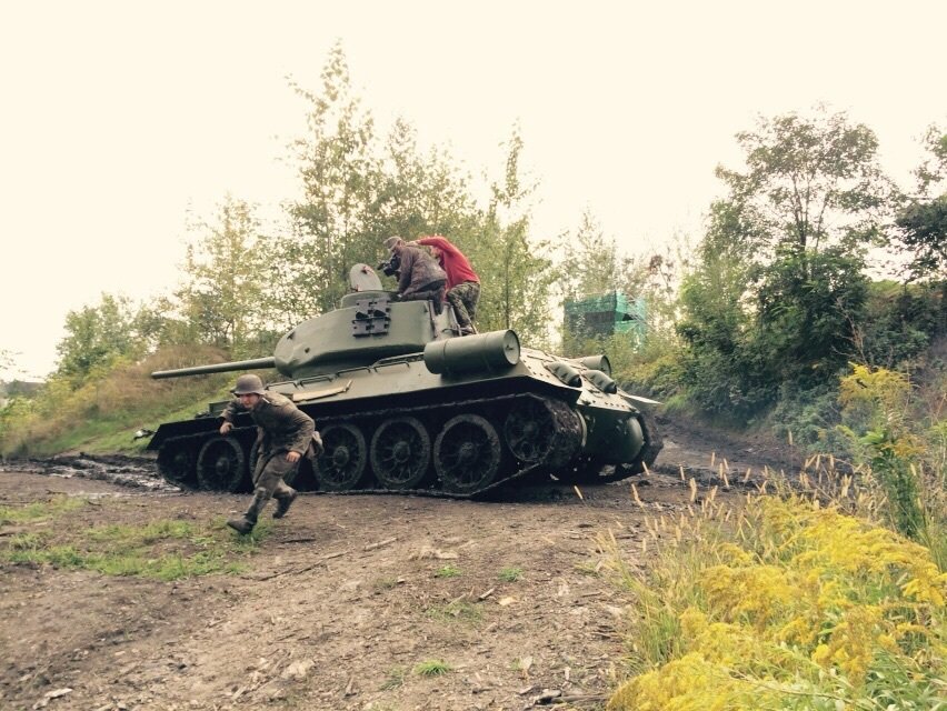 Filming a WW2 scene with one of the last drivable T-34/85 tanks in Germany. Alexander Tuschinski is holding the camera, standing on top of the tank.