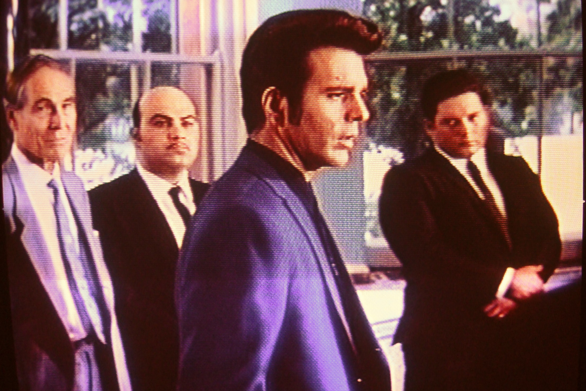 Joseph Wiseman, Jon Polito, Anthony Denison & Joe DeBartolo in a scene from Episode 10, Crime Pays from the 1986 TV show Crime Story