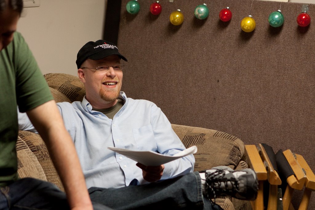 Producer/Director Christopher Shawn Shaw during rehearsal for a scene on SKIP LISTENING.