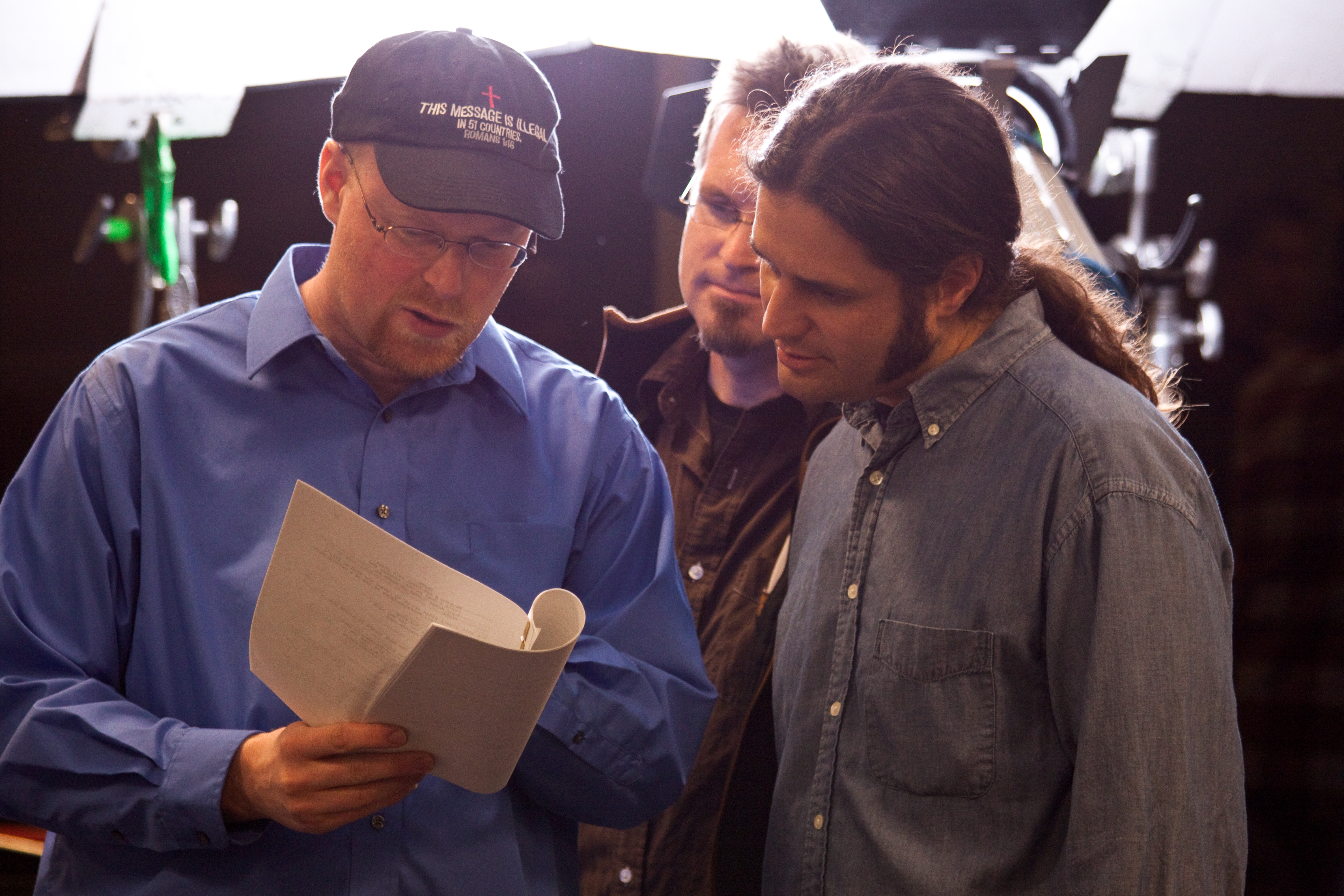 Producer/Director Christopher Shawn Shaw looking over the SKIP LISTENING script with Actors Thor Ramsey and Josh B. Jacobs