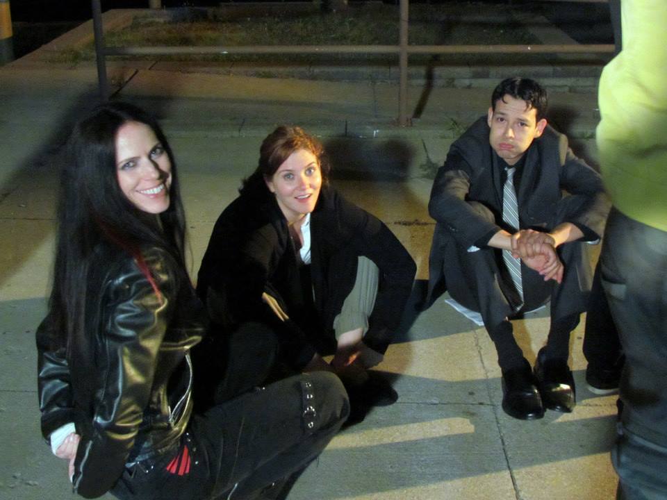 Rosemarie Griffin, Actor. And, with fellow cast, Kate McArthur, and Alex Cruz. Having fun on set (night shoot)-noisy planes, trains, and trucks aside..reset! MENTAMORPHOSIS, July, 2013. Directed by Rany Naser.