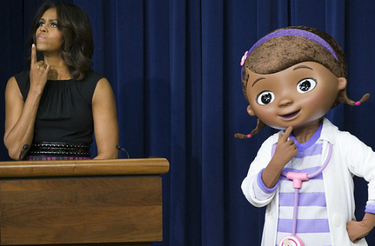 Doc McStuffins with First Lady Michelle Obama at White House on Veterans Day 2014