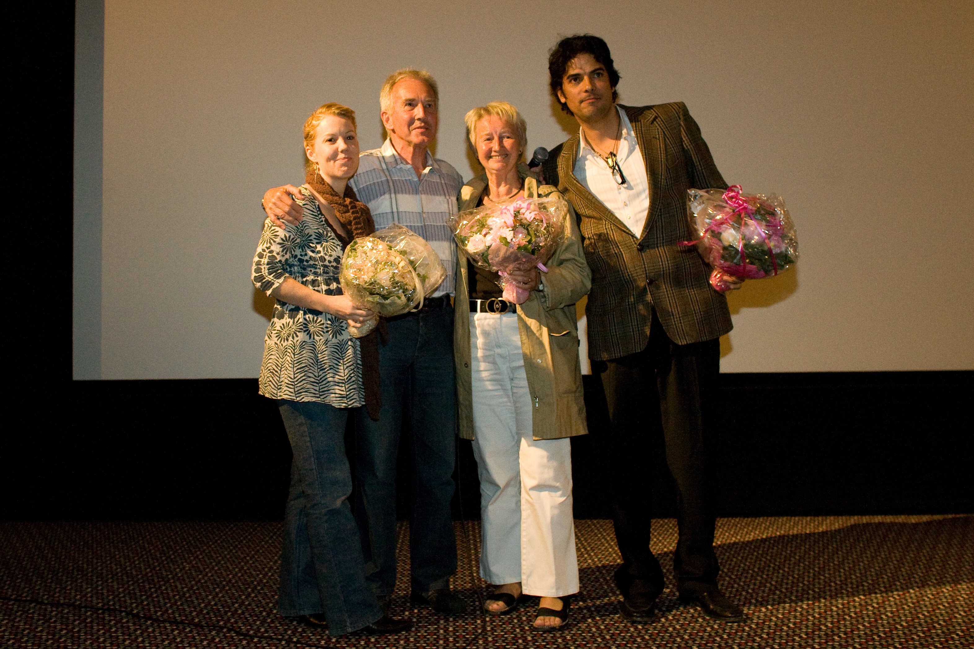 Zoe Golightly Publicist, Jens Birkmose Copenhagen Screening Contact, Jens' Wife, Jsu Garcia Executive Producer & Writer. Spiritual Warriors Screening in Copenhagen, Denmark, 2008.