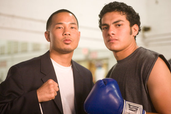 2008 Olympic boxer Walter Sarnoi posing with cast mate Jose Luis Casillas on the set of film short, Beyond the Ropes.