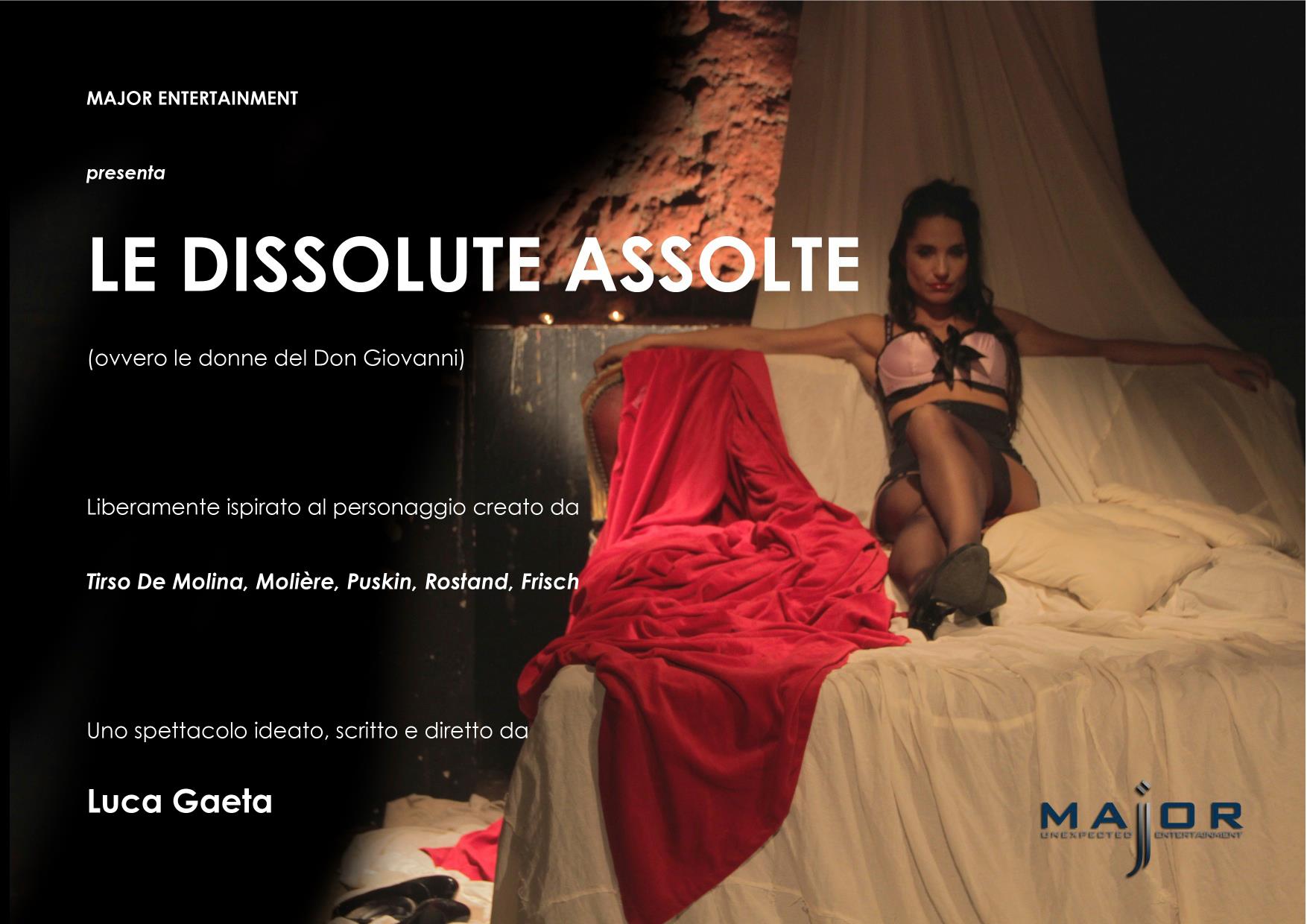 Promotional poster for Le Dissolute Assolte (Italian), the acclaimed theatrical production directed by Luca Gate in Rome, Italy.