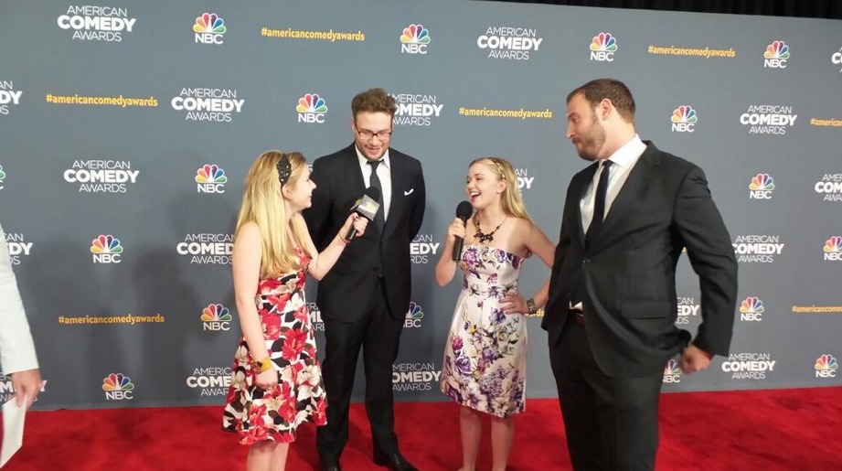 Cailin Loesch (right) and sister Hannah Loesch with Seth Rogen and Evan Goldberg