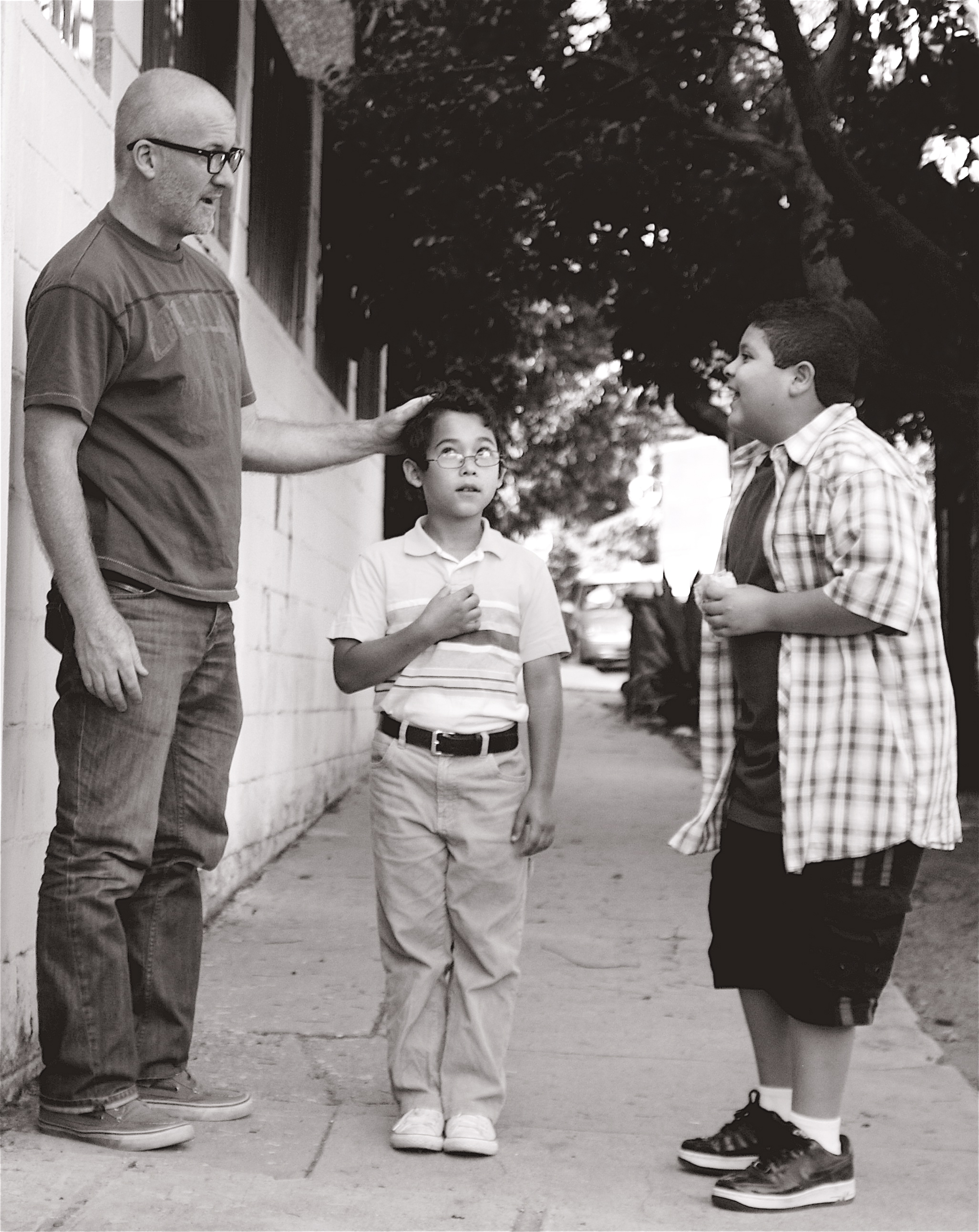 James Hanlon directing on the set of Philippe's Sandwich, with Rico Rodriguez and Juan Martinez in Los Angeles.