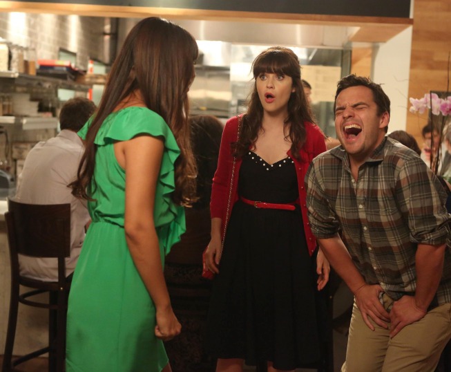 Still of Zooey Deschanel, Patrick Wymore, Hannah Simone and Jake Johnson in New Girl (2011)