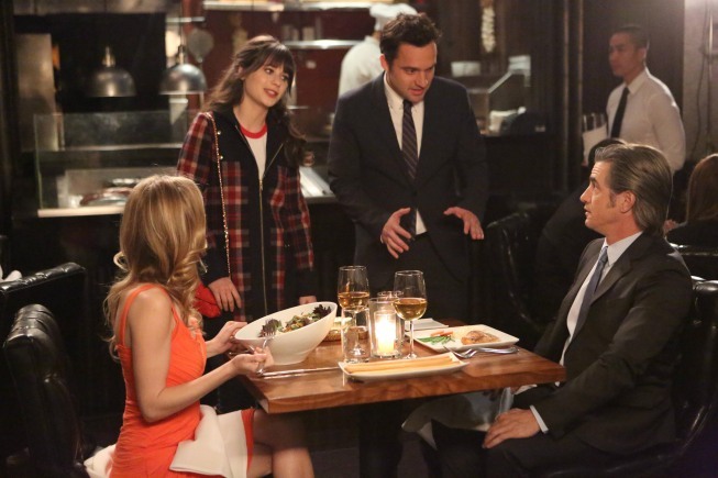 Still of Dermot Mulroney, Zooey Deschanel, Chelsey Crisp and Jake Johnson in New Girl (2011)