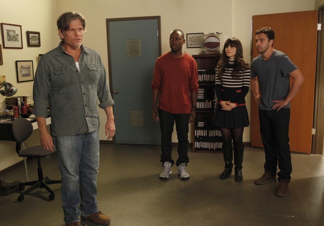 Still of Zooey Deschanel, Jeff Kober, Lamorne Morris and Jake Johnson in New Girl (2011)