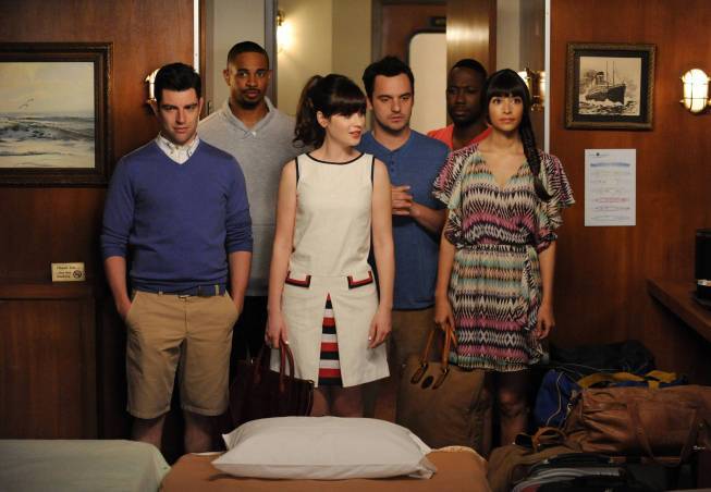 Still of Zooey Deschanel, Max Greenfield, Damon Wayans Jr., Hannah Simone, Lamorne Morris and Jake Johnson in New Girl (2011)