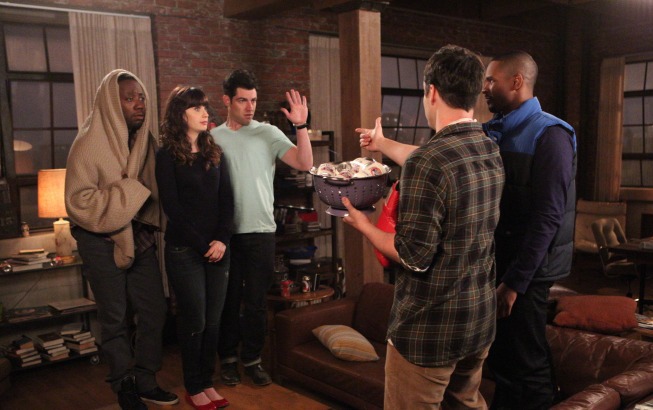 Still of Zooey Deschanel, Max Greenfield, Lamorne Morris and Jake Johnson in New Girl (2011)