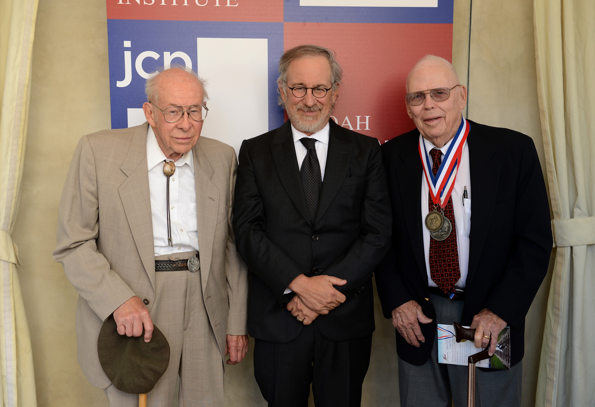 World War II veteran Arthur Langhorst, Shoah Foundation Founder Steven Spielberg and World War II veteran James Sanders