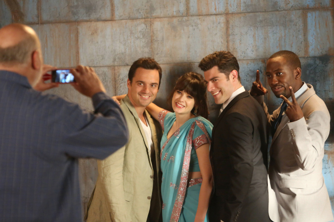 Still of Rob Reiner, Zooey Deschanel, Max Greenfield, Lamorne Morris and Jake Johnson in New Girl (2011)