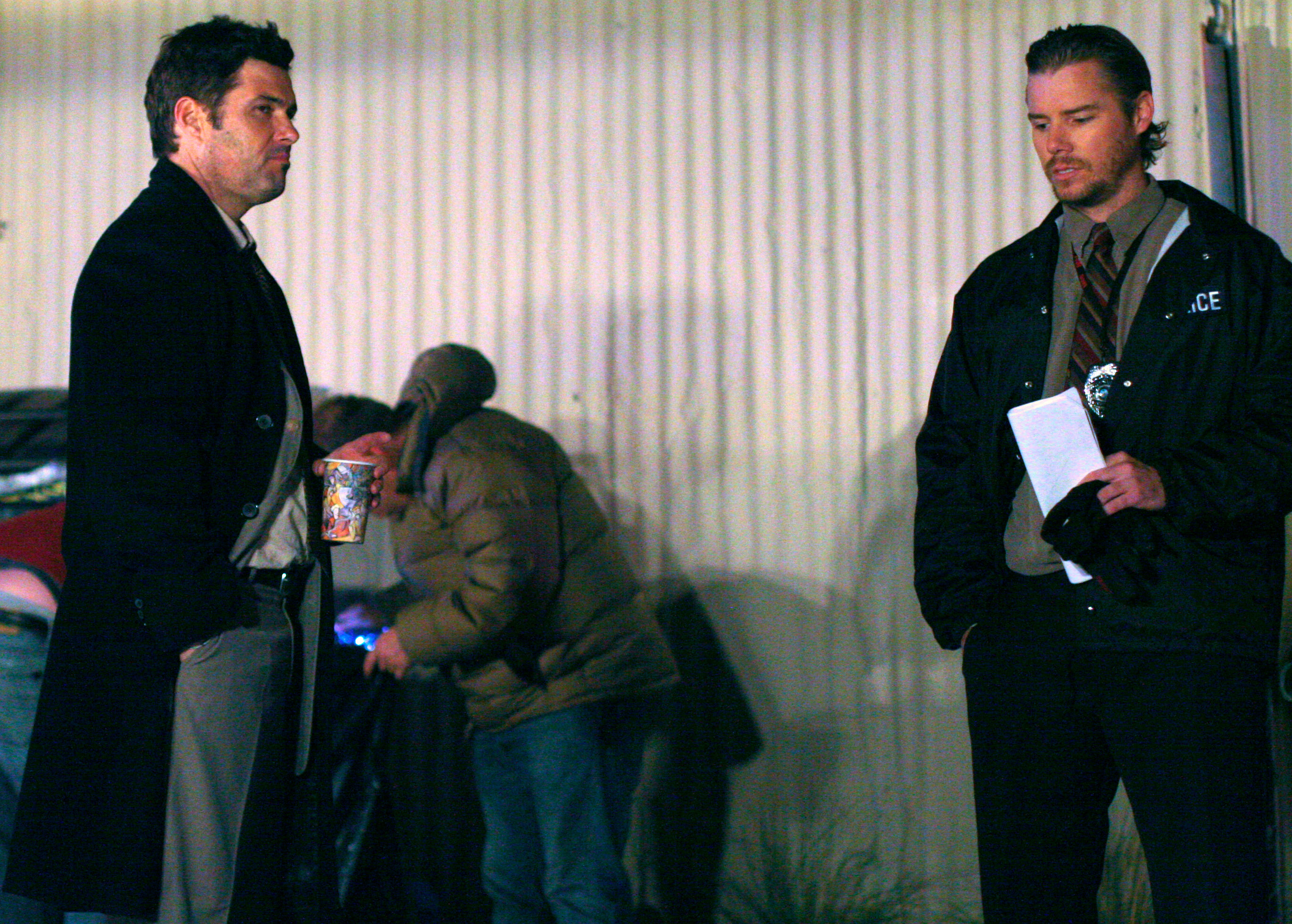 'Carlos Bernard'(qv) and Josh Cowdery on the set of 'The Blue Wall'(qv)