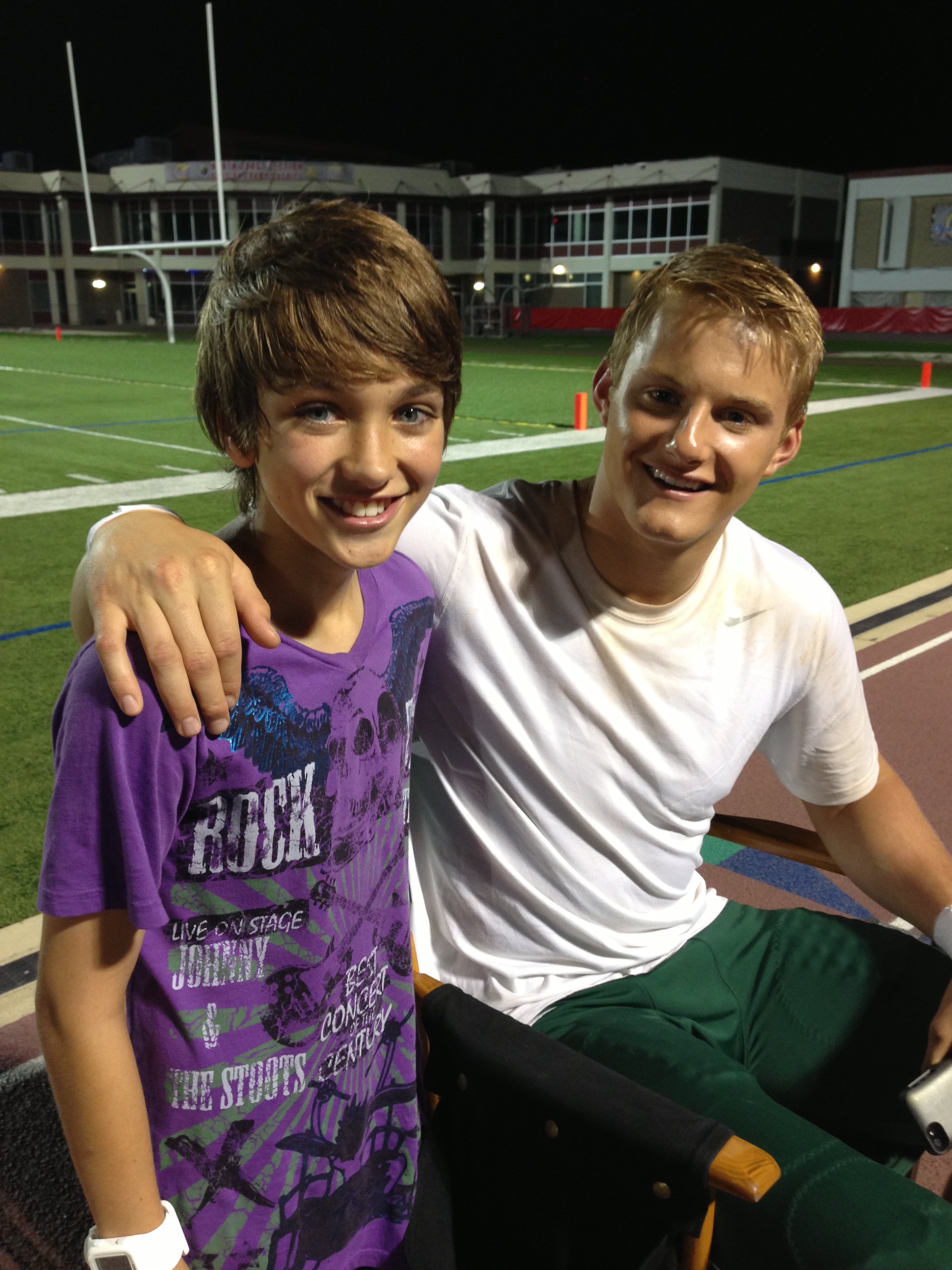 Gavin Casalegno and Alexander Ludwig on the set of When the Game Stands Tall