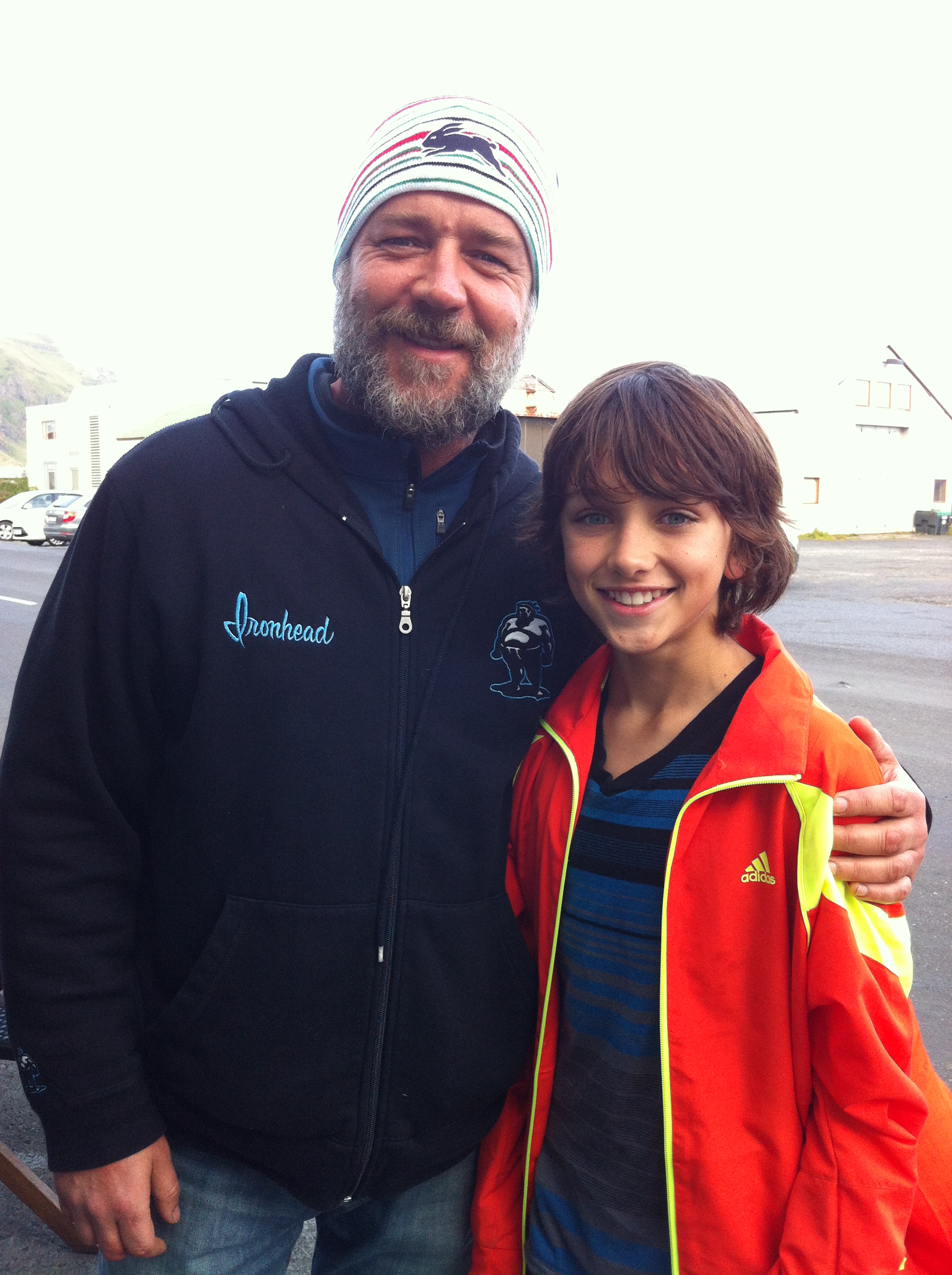 Gavin Casalegno and Russell Crowe during the filming of Noah.
