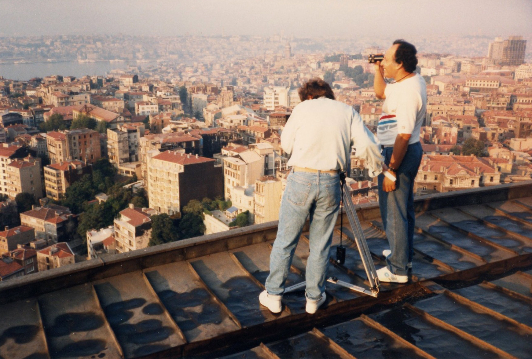 Lining up a panoramic shot of Istanbul with DP Michael Miles on 'Merhaba' location in 1987