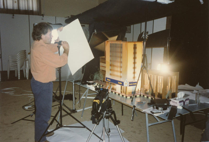 DP Michael Miles lighting the miniature set for a Hardee's commercial in 1993