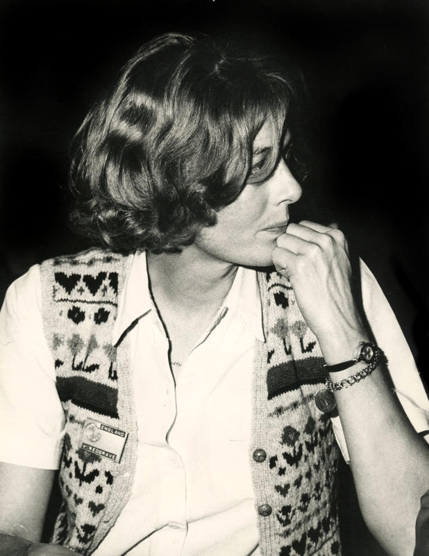 Vanessa wearing the ID of the Int'l Baghdad Film Festival on Palestine in 1978