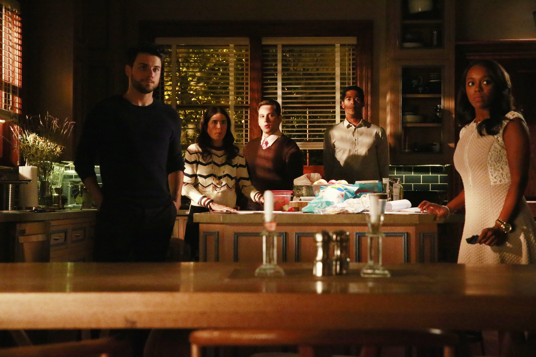 Still of Alfred Enoch, Karla Souza, Matt McGorry, Aja Naomi King and Jack Falahee in How to Get Away with Murder (2014)