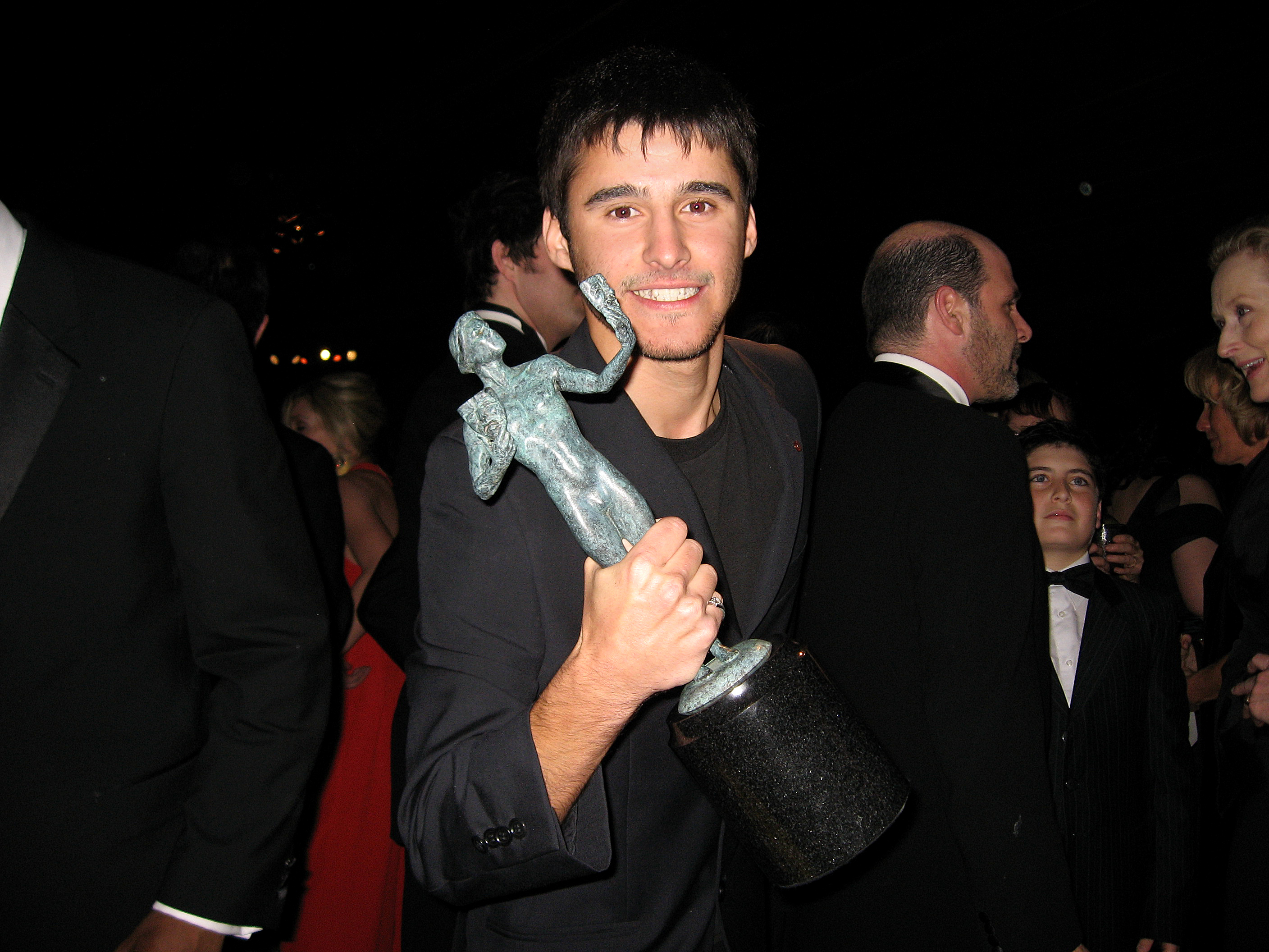 Producer Josh Wood poses with Meryl Streep's SAG Award at the 15th Annual Screen Actors Guild Awards at the Shrine Auditorium on January 25, 2009 in Los Angeles, California.