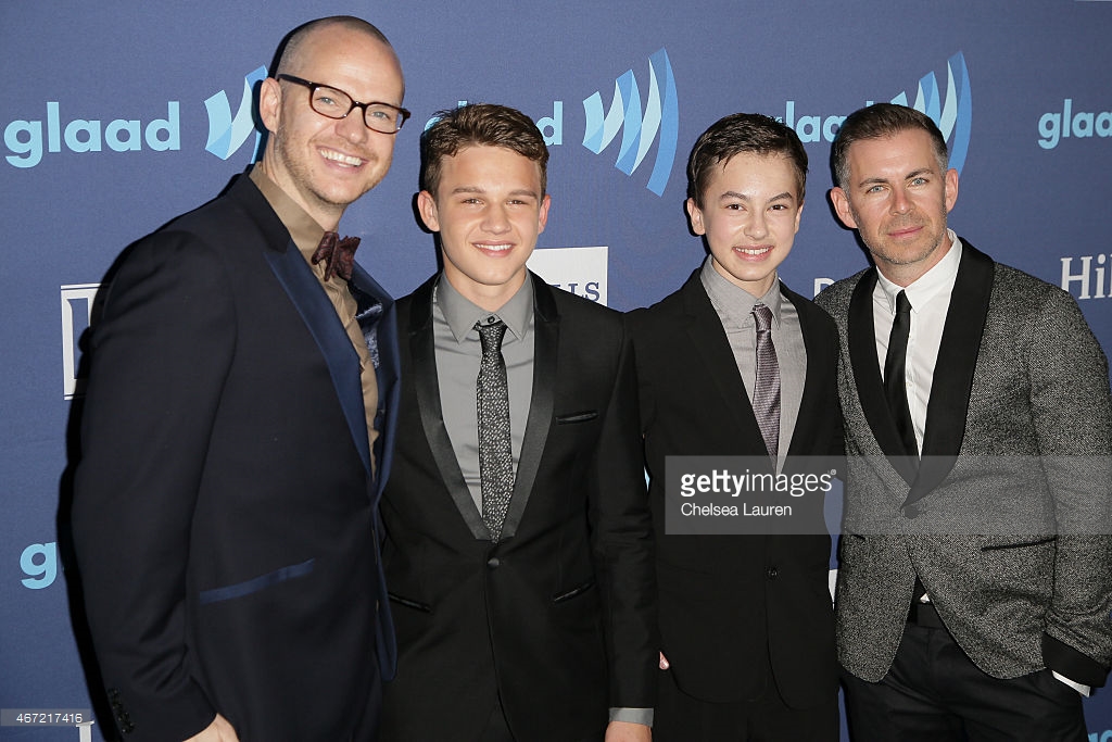 BEVERLY HILLS, CA - MARCH 21: (L-R) Actors Peter Paige, Gavin Macintosh, Hayden Byerley and Bradley Bredeweg arrive at the 26th annual GLAAD media awards at The Beverly Hilton Hotel on March 21, 2015.