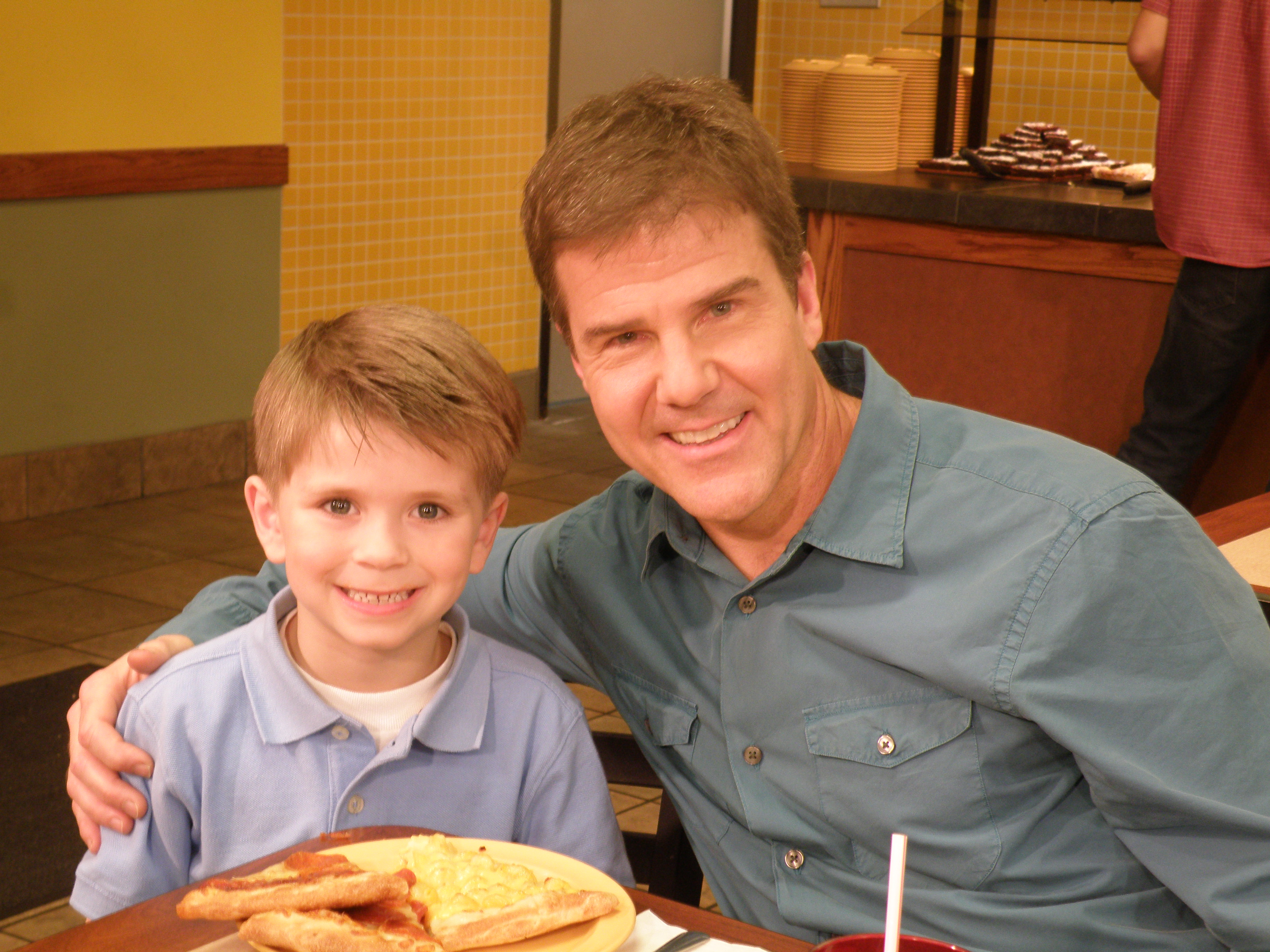 Chase on set with TBS Dinner and a Movie's host Paul Gilmartin