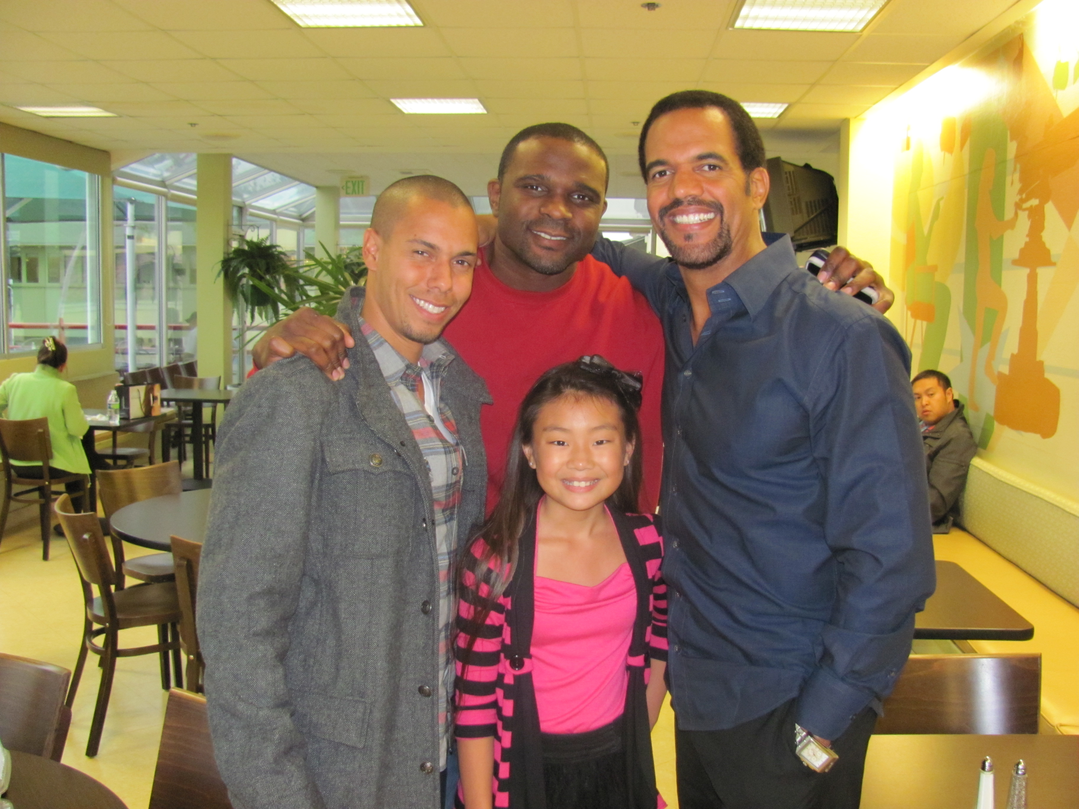 Victoria Grace on set of The Young and the Restless with Bryton James, Darius McCrary, and Kristoff St. John.