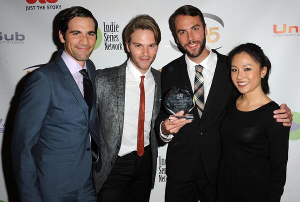 Matthew McKelligon, Van Hansis, John Halbach, and Constance Wu- Winners of the Best Ensemble (Drama) award at the Indie Series Awards.
