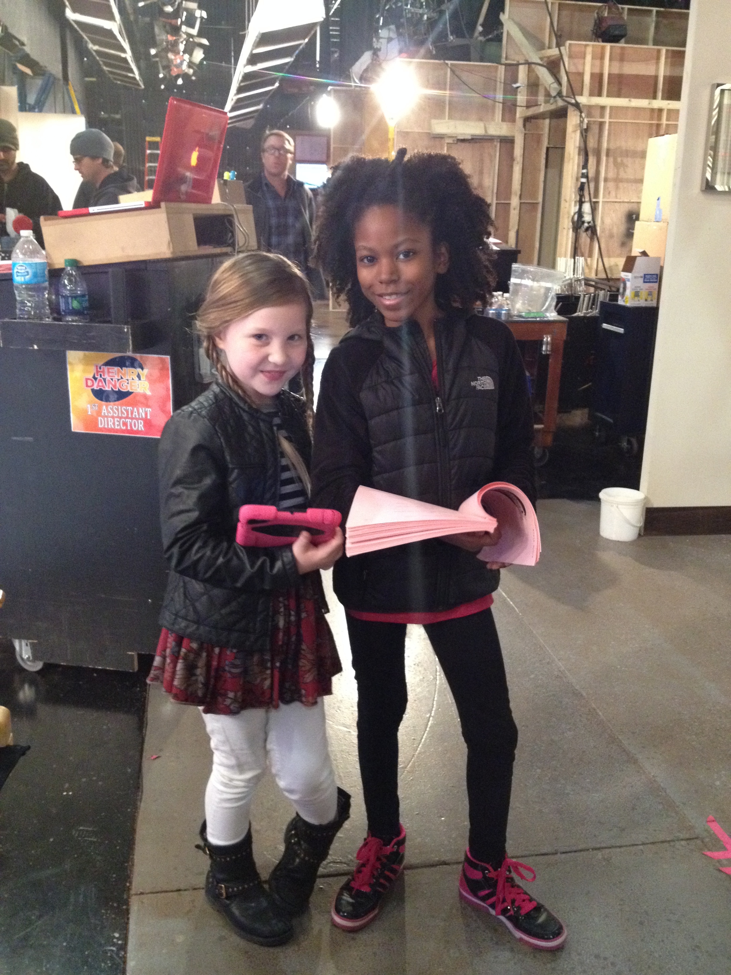 Ella Anderson and Riele Downs on set of Nickeloden show Henry Danger