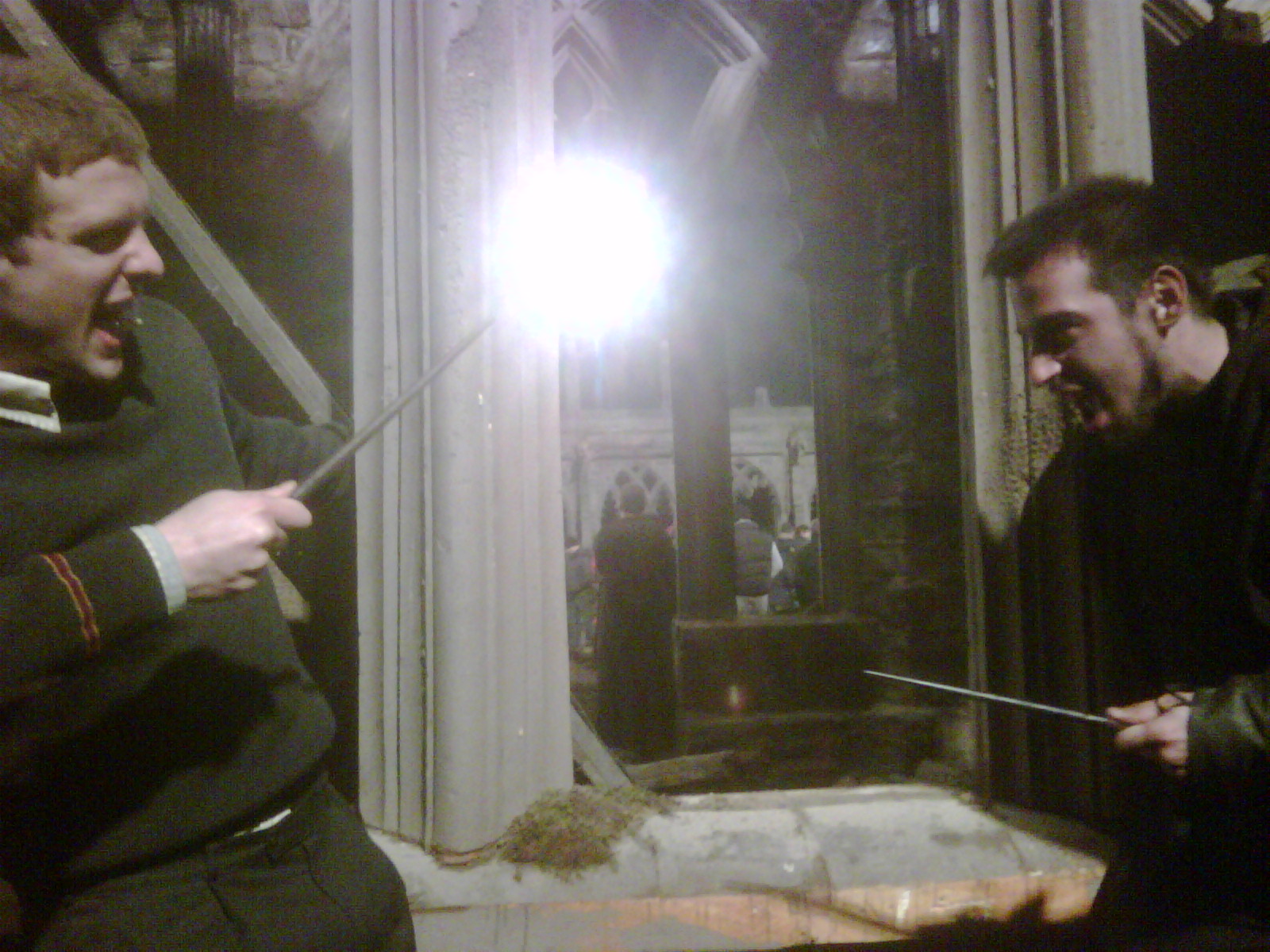 Freddie Hogan shooting magic out of his wand against a death eater